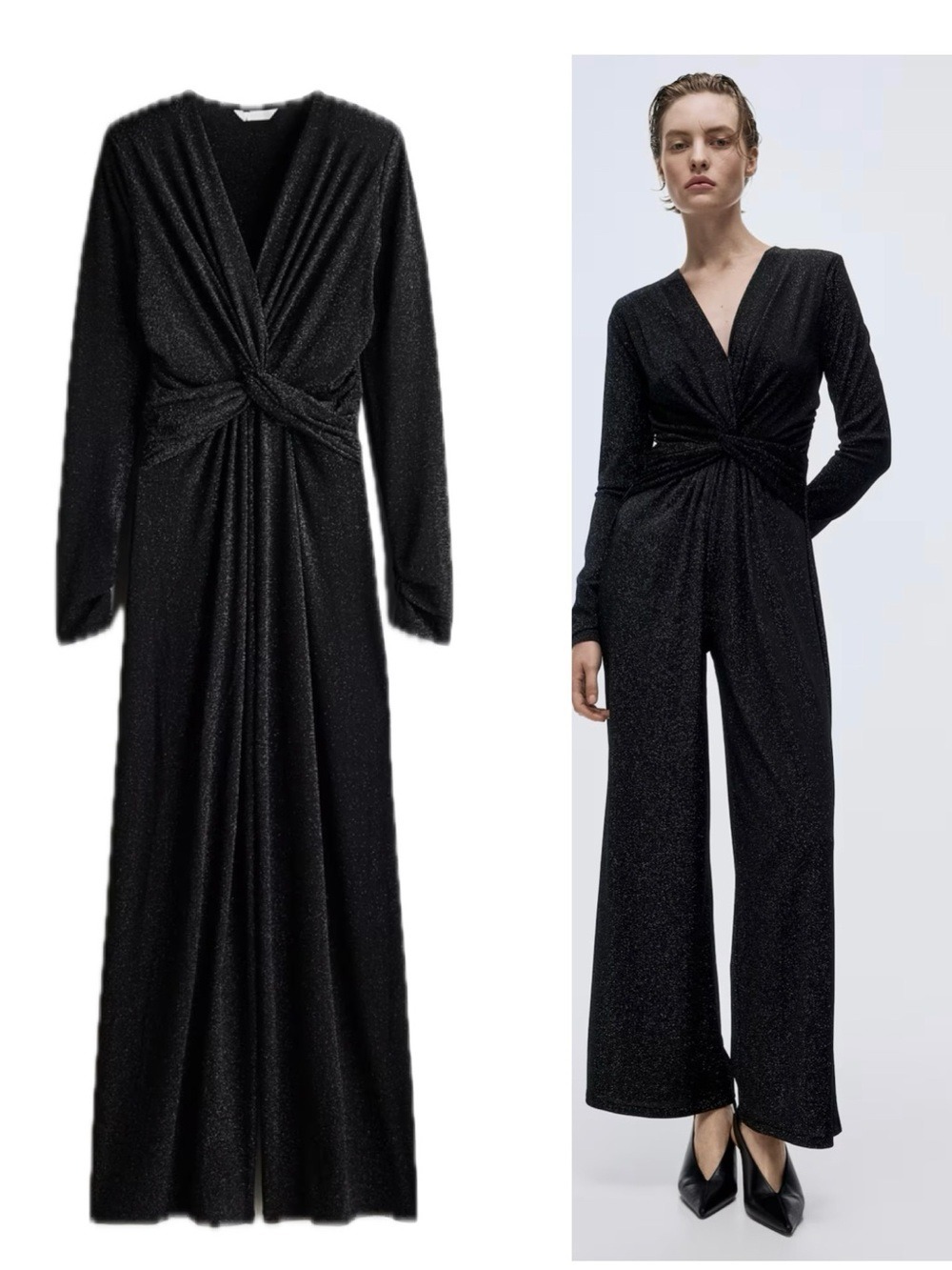 H&M Black Glitter Metallic Twist Front Wide Leg Jumpsuit Long Sleeve Sz S NWOT